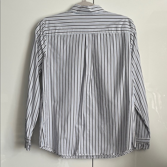 KARL LAGERFIELD Black and White Blue Striped Ruffle Button Down Shirt, Size M - Picture 8 of 10